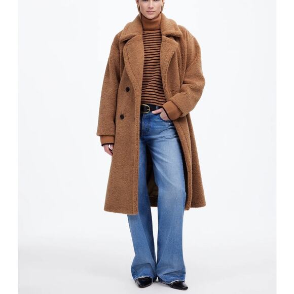 Madewell Teddy Long Coat Dark Camel Faux Shearling Oversized Size XS NWT Luxury - Picture 1 of 14